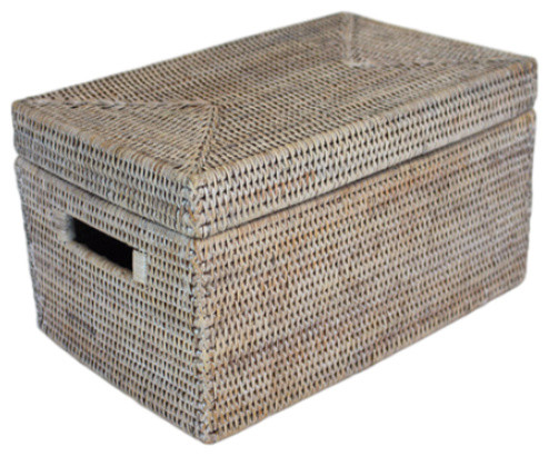 White Wash Rattan Lidded Storage Basket Rectangular Lid - Tropical ...