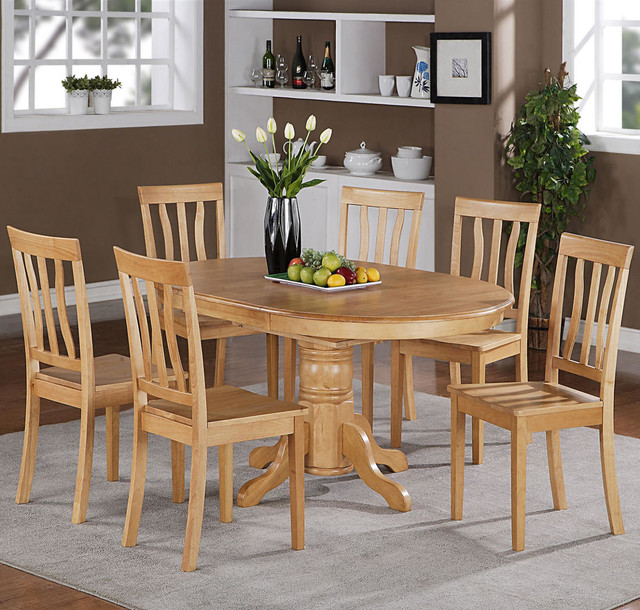 7Pc Avon Oval Dining Set with Single Pedestal and 6 Antique Wood Seat Chairs