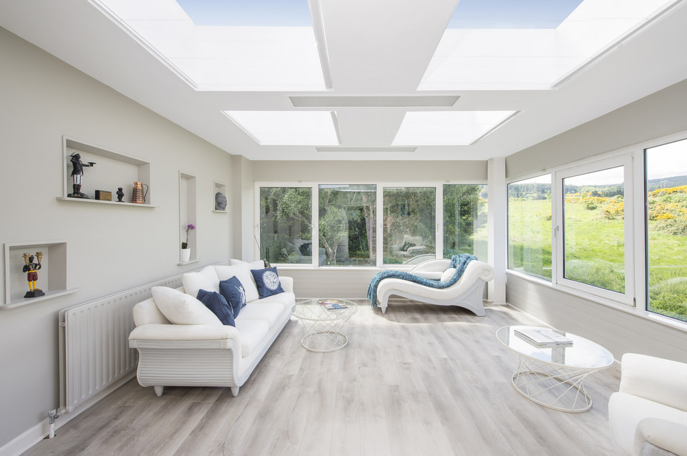 Contemporary sunroom in Dublin with no fireplace and a skylight.