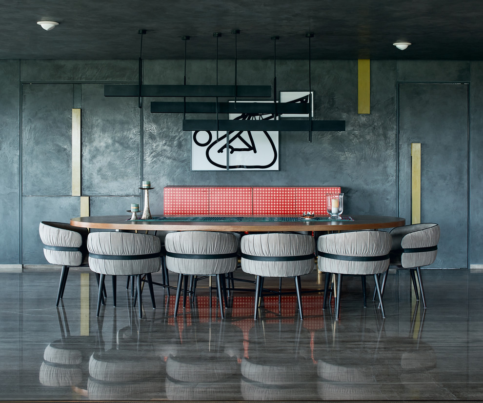 Large industrial dining room in Bengaluru With Grey Walls and Gray.