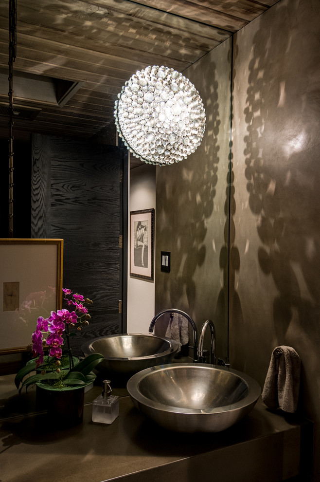 This is an example of a contemporary powder room in San Francisco with a vessel sink.