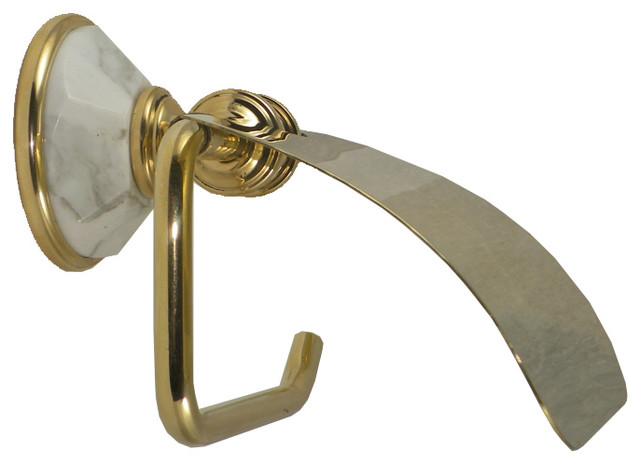 Toilet Paper Holder, Hooded With Arabescato Marble Accents, Polished Gold