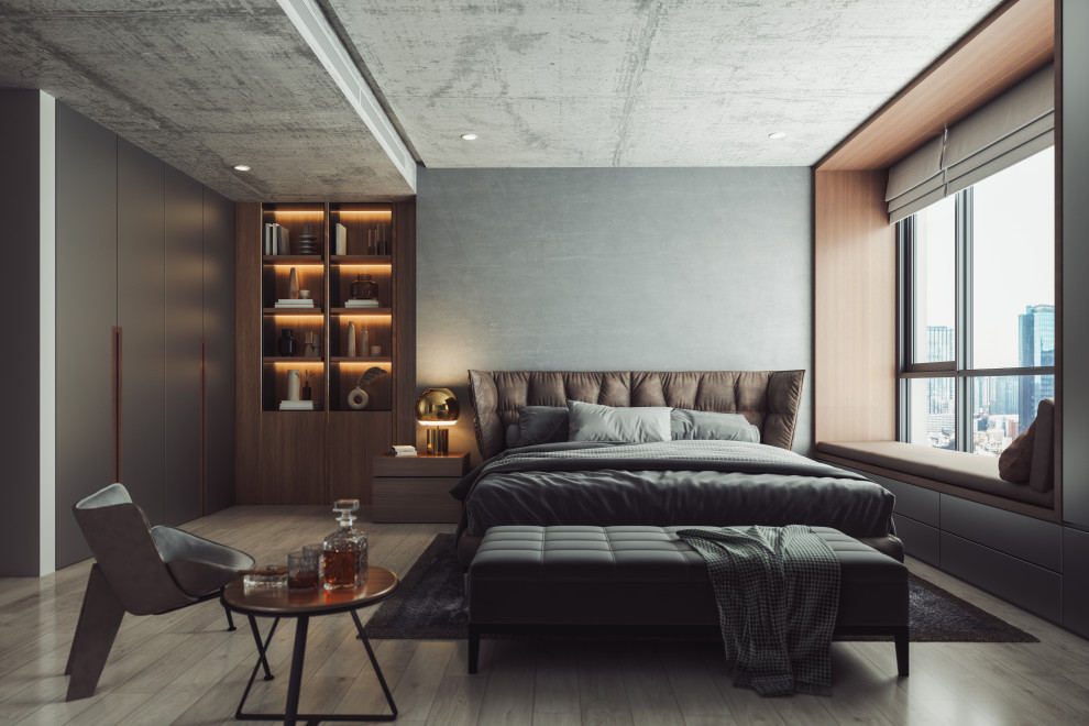 Mid-sized midcentury master bedroom in Phoenix with grey walls, medium hardwood floors and brown floor.