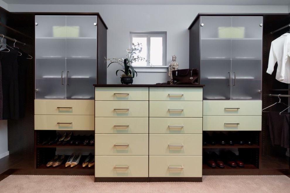 Design ideas for a contemporary gender-neutral walk-in wardrobe in San Francisco with flat-panel cabinets, brown cabinets and carpet.