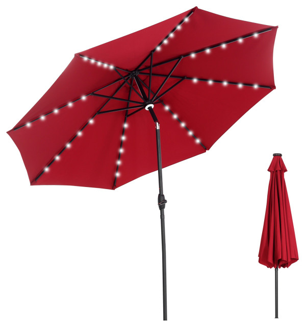 Ainfox 10ft Lighted Market Umbrella Outdoor Umbrella with Solar Led Light, Red
