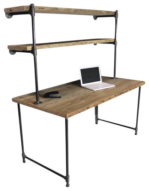 Reclaimed Wood Desk, 2 Shelves, Wall Attach, Raw, 60"x30"