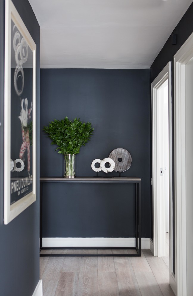 Mid-sized hallway in London with blue walls and light hardwood floors.