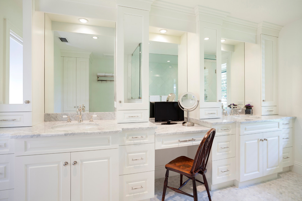 Huge transitional porcelain tile and multicolored floor bathroom photo in Miami with recessed-panel cabinets, white cabinets, white walls, a drop-in sink, marble countertops and multicolored countertops