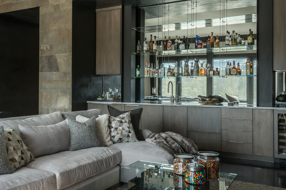 Contemporary single-wall wet bar in Other with flat-panel cabinets, dark wood cabinets, mirror splashback and dark hardwood floors.