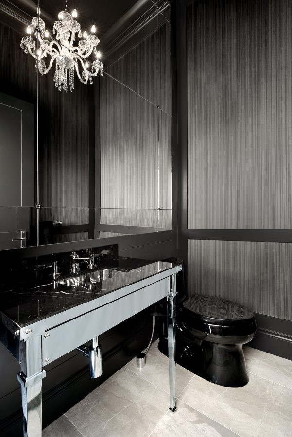 Small modern 3/4 bathroom in Other with open cabinets, grey cabinets, a two-piece toilet, black tile, black walls, porcelain floors, an undermount sink, engineered quartz benchtops, beige floor and black benchtops.