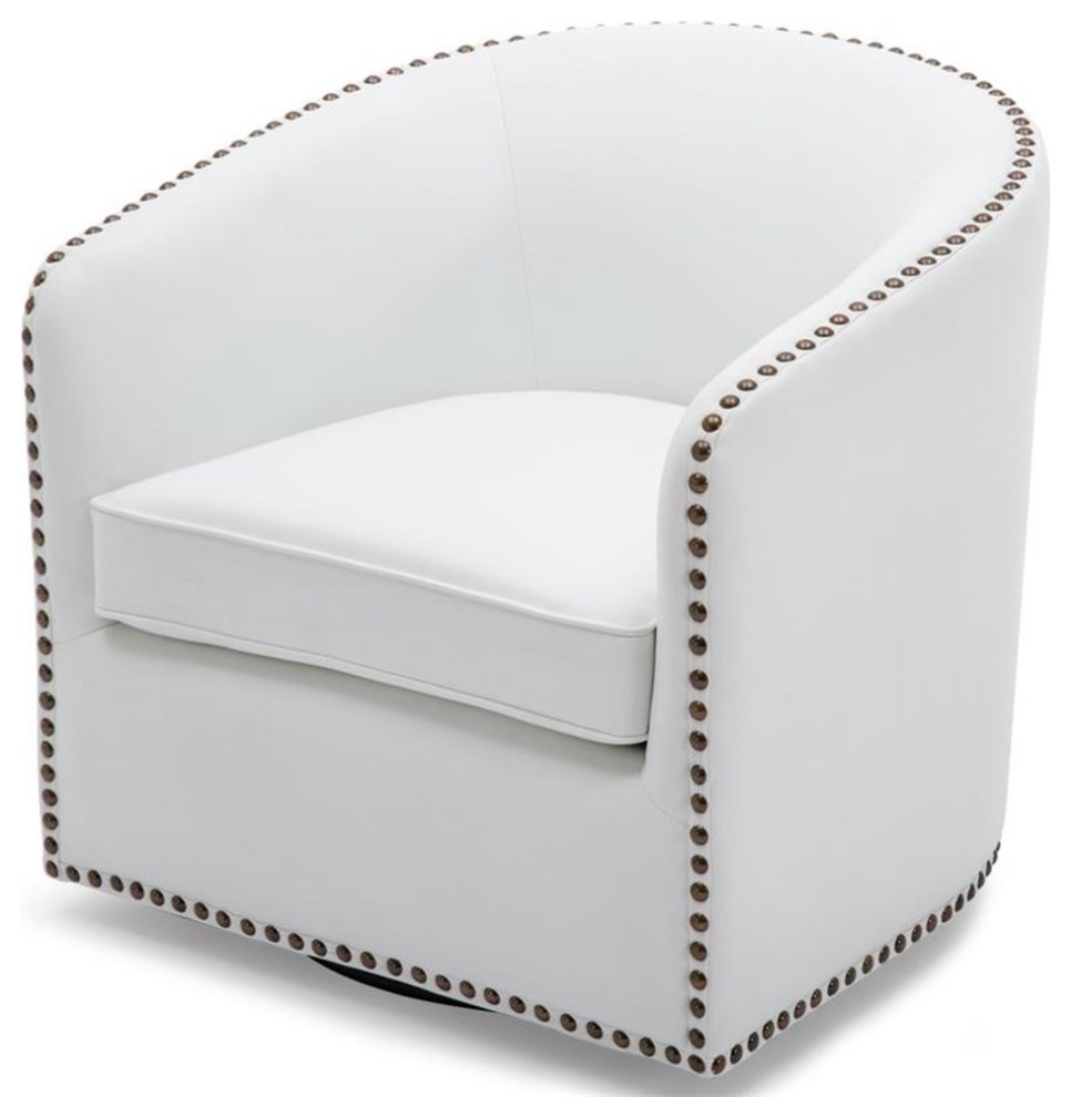 Bowery Hill Faux Leather Swivel Arm Chair with Nailhead Trim in Milky White