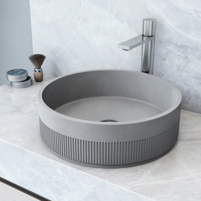 VIGO Cypress Modern Gray Concreto Stone Round Fluted Vessel Sink ...