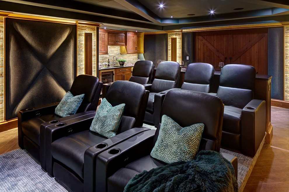 Photo of a large transitional open concept home theatre in New York with blue walls, porcelain floors, a projector screen and brown floor.