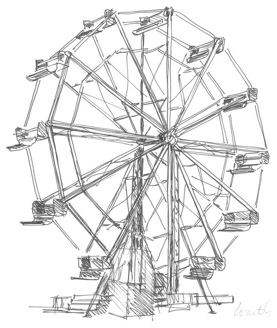 Black and White Ferris Wheel Sketch I Contemporary Prints And