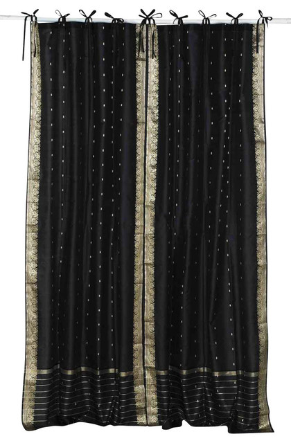 Black Tie Top Sheer Sari Curtain Drape Panel Pair