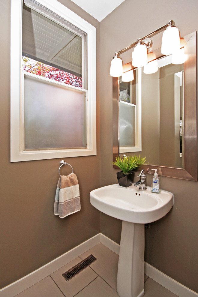 Inspiration for a large transitional 3/4 white tile ceramic tile drop-in bathtub remodel in Calgary with a drop-in sink, white cabinets, granite countertops and white walls