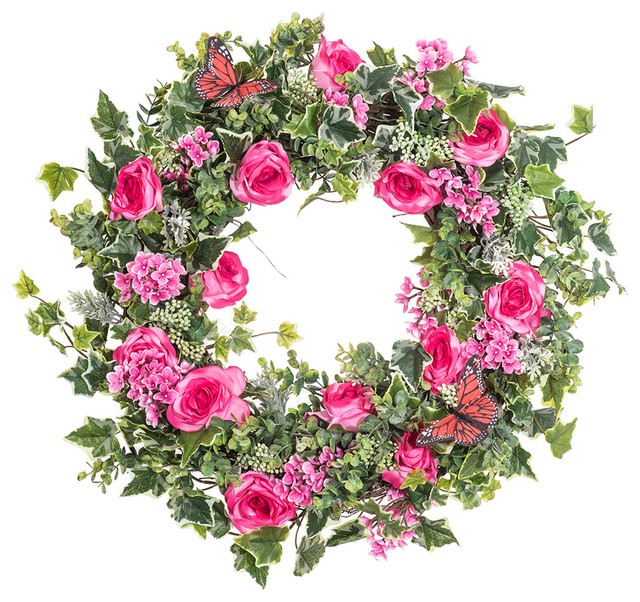 Pink Rose, Lilac, Eucalyptus and Green Berry Pink Butterfly Wreath, 26"