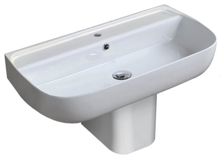 Rectangular White Ceramic Semi-Pedestal Sink, One Hole