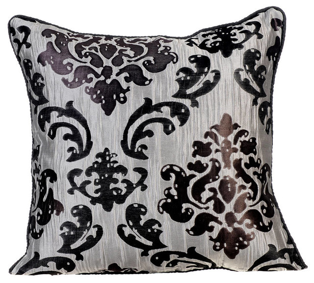 Silver Decorative Pillow Covers Silk, Dressed Up Damask Contemporary