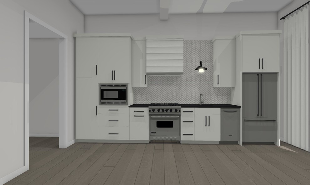 Inspiration for an u-shaped light wood floor and multicolored floor eat-in kitchen remodel with an undermount sink, flat-panel cabinets, white cabinets, quartz countertops, white backsplash, stone slab backsplash, paneled appliances, no island and white countertops