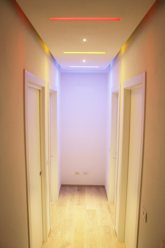 Design ideas for a contemporary hallway in Bologna with white walls and light hardwood floors.