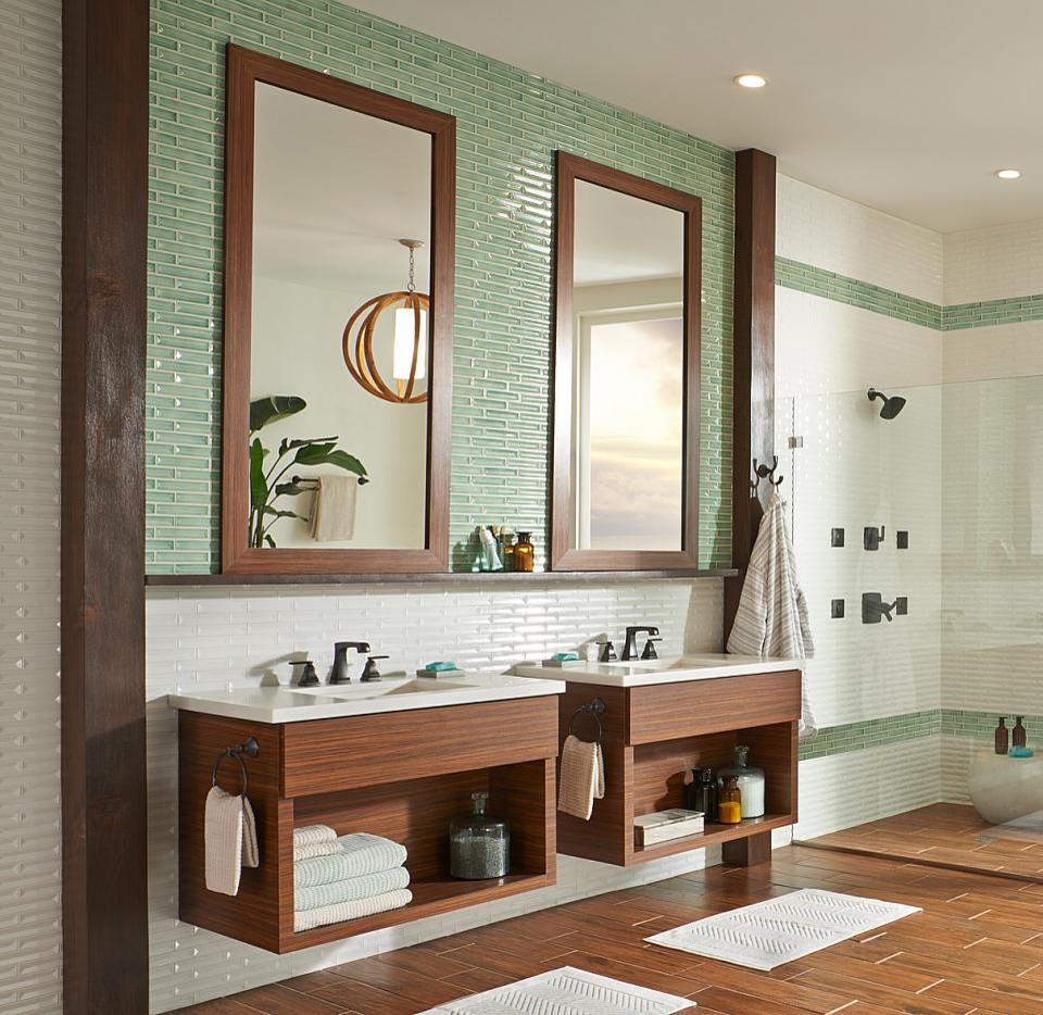 Photo of a large contemporary master bathroom in Denver with a wall-mount sink, open cabinets, medium wood cabinets, quartzite benchtops, an open shower, green tile, glass tile, white walls and porcelain floors.