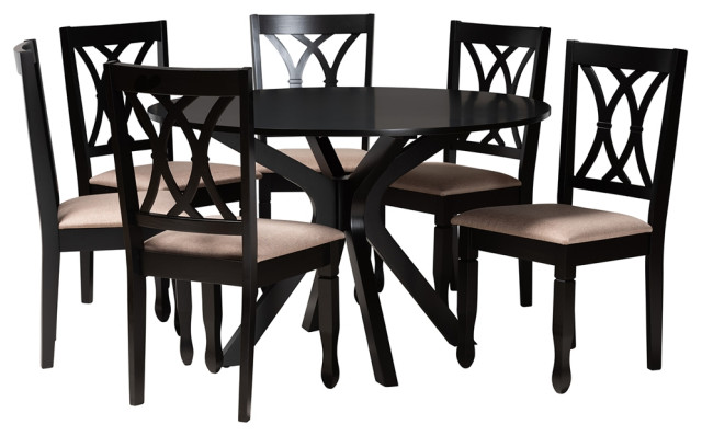 Modern Beige Fabric and Espresso Brown Finished Wood 7-Piece Dining Set ...