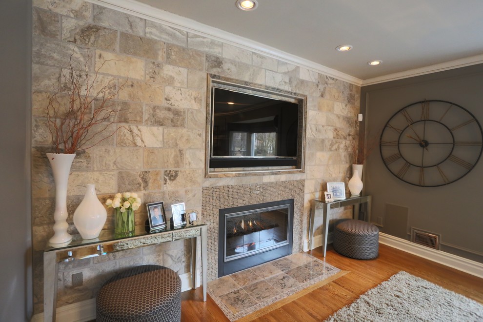 Stone Tile Wall Living Room with Embedded TV and Fireplace