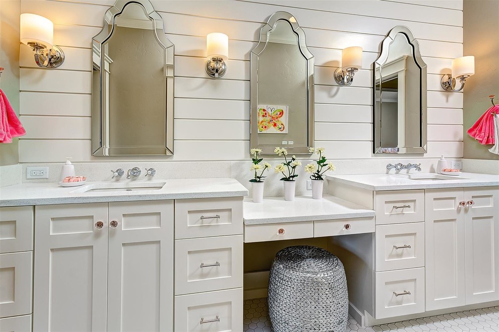 This is an example of a large traditional master bathroom in Boise with an undermount sink, shaker cabinets, white cabinets, white walls, white tile, porcelain tile, porcelain floors and engineered quartz benchtops.