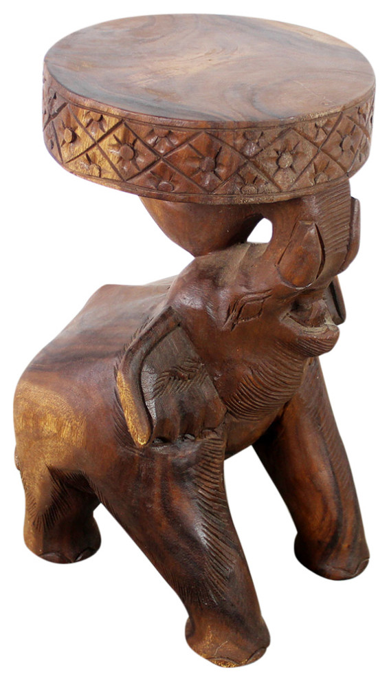Magnificent solid wood stool unique Thai carvings elephant plant side table 