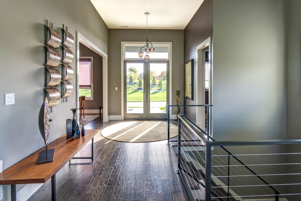 This is an example of a mid-sized contemporary foyer in Indianapolis with green walls, dark hardwood floors, a double front door, a glass front door and brown floor.
