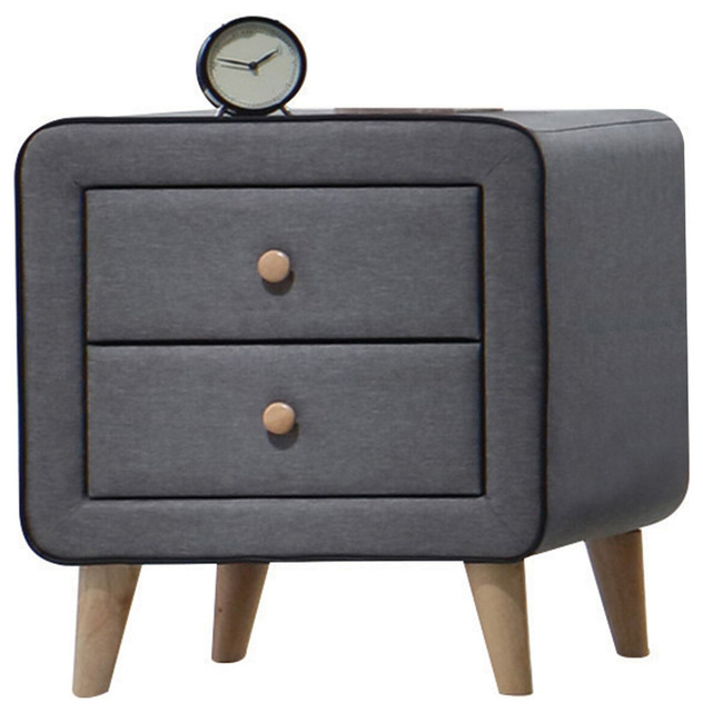 Padded Fabric 2Drawer Nightstand, Gray Midcentury Nightstands And