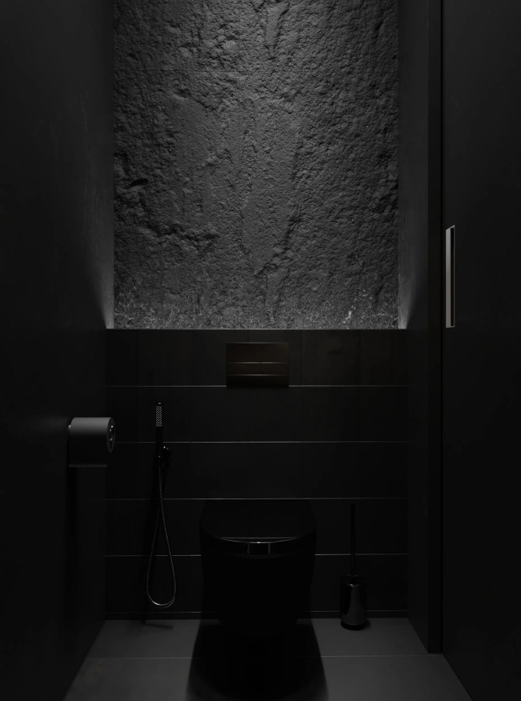 Modelo de aseo minimalista pequeño con baldosas y/o azulejos negros, paredes negras, suelo negro y encimeras negras
