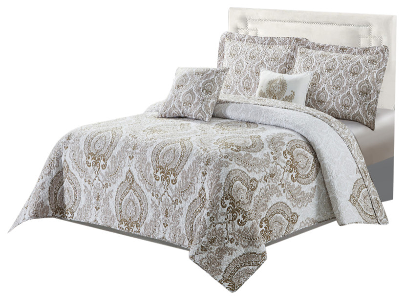Heart Damask 5 Piece Quilt Bedspread Sets, King, 102"x90" Traditional Quilts And Quilt Sets