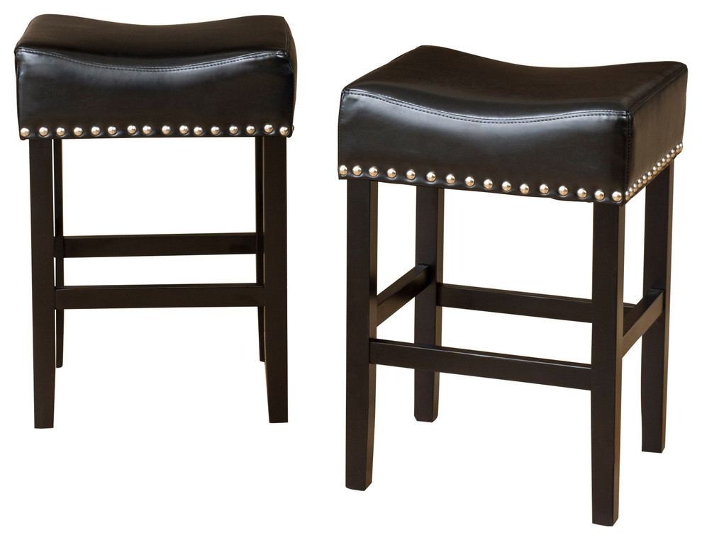 Loring Black Bonded Leather Backless Counter Stools, Set of 2 Transitional Bar Stools And
