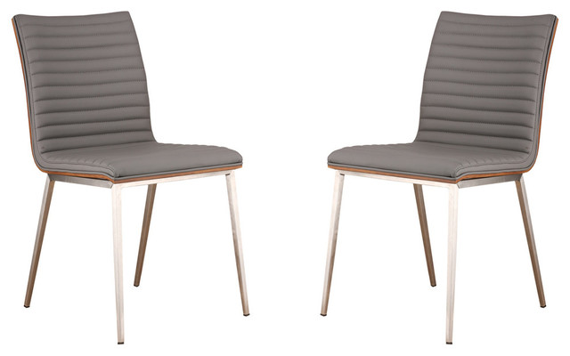 Cafe Brushed Stainless Steel Dining Chairs With Walnut Back, Set of 2, Gray