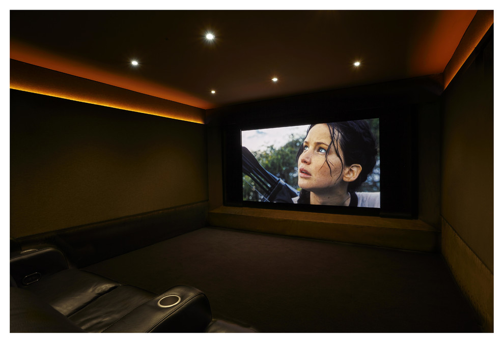 Inspiration for a contemporary home theatre in West Midlands.