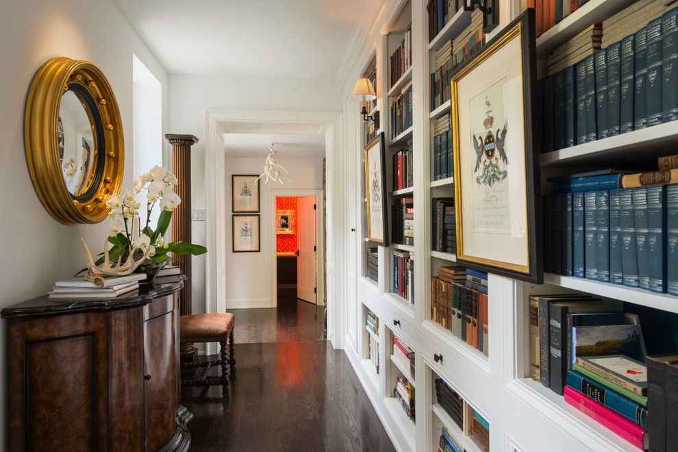 Design ideas for a transitional hallway in Philadelphia with white walls and dark hardwood floors.