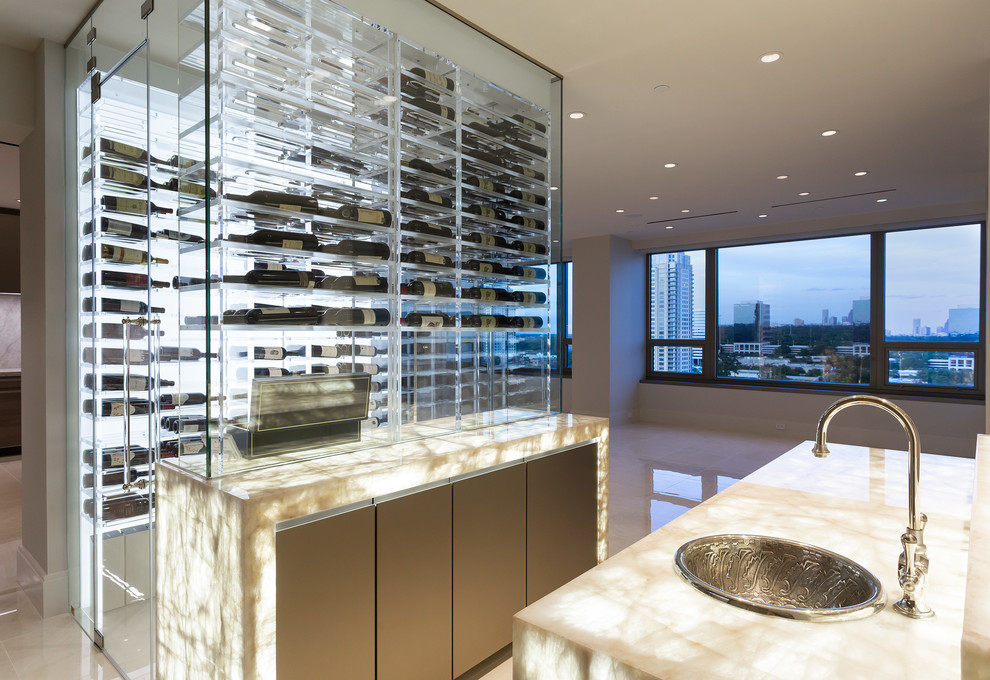Inspiration for a mid-sized modern wine cellar in Houston with ceramic floors, display racks and beige floor.