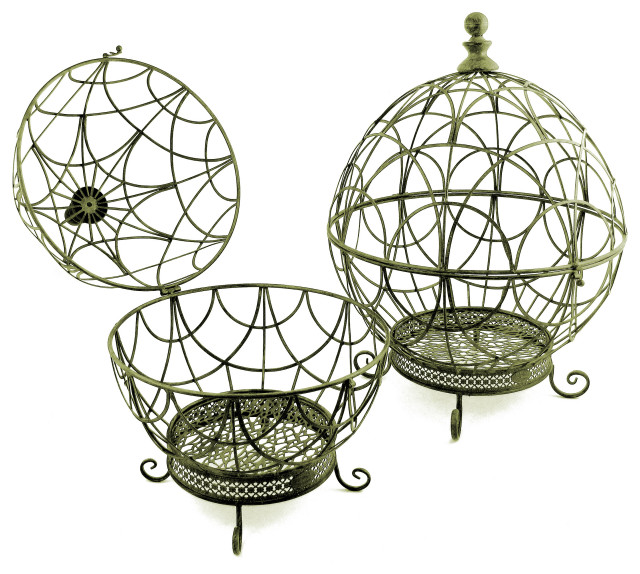 Set of 2 Iron Globe Plant Stands, Antique Green