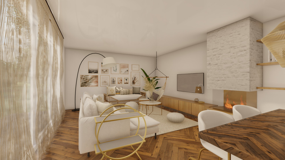 Inspiration for a mid-sized eclectic open concept living room in Madrid with white walls, vinyl floors, a two-sided fireplace, a wall-mounted tv, brown floor and wallpaper.