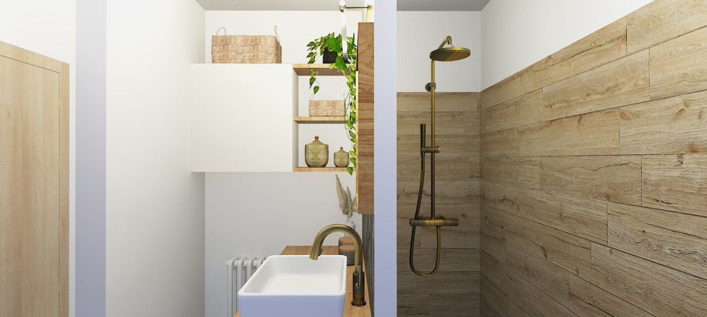Foto di una stanza da bagno con doccia nordica con piastrelle effetto legno, pavimento con piastrelle effetto legno, top in laminato e un lavabo