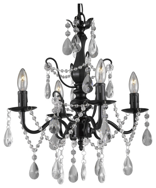 Wrought Iron and Crystal 4-Light Black Chandelier 14"x15" Pendant