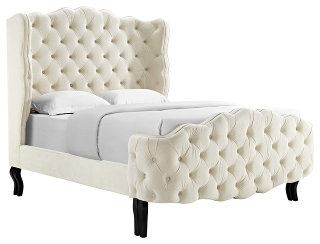 Violette Queen Tufted Wingback Performance Velvet Platform Bed Ivory Transitional Panel 