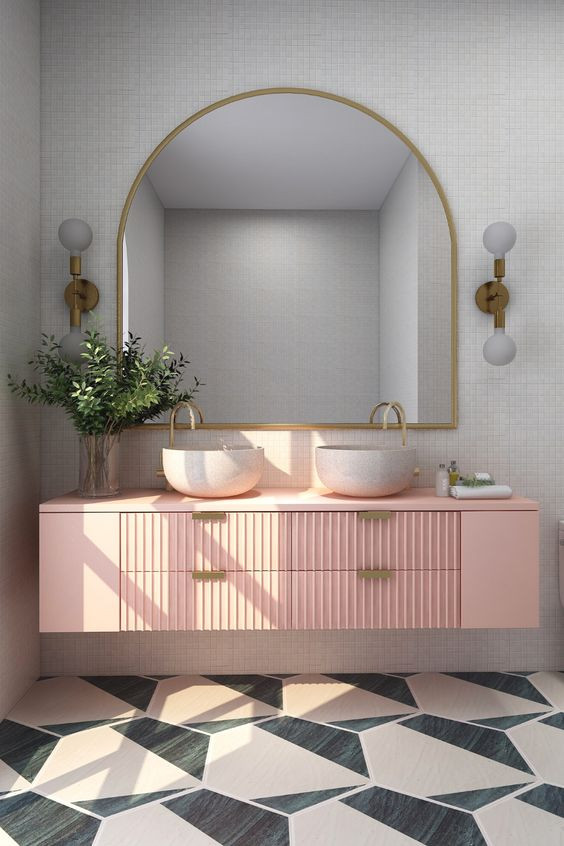Large eclectic kids bathroom in San Francisco with a freestanding tub, an open shower, white tile, white walls, marble floors, engineered quartz benchtops, multi-coloured floor, a hinged shower door, multi-coloured benchtops, a double vanity and a floating vanity.