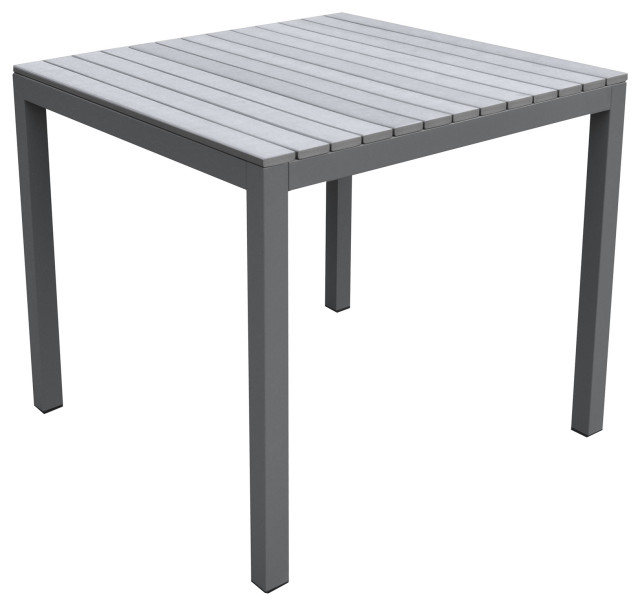 Bistro Patio Dining Table, Gray Powder Coated Finish With Gray Wood Top