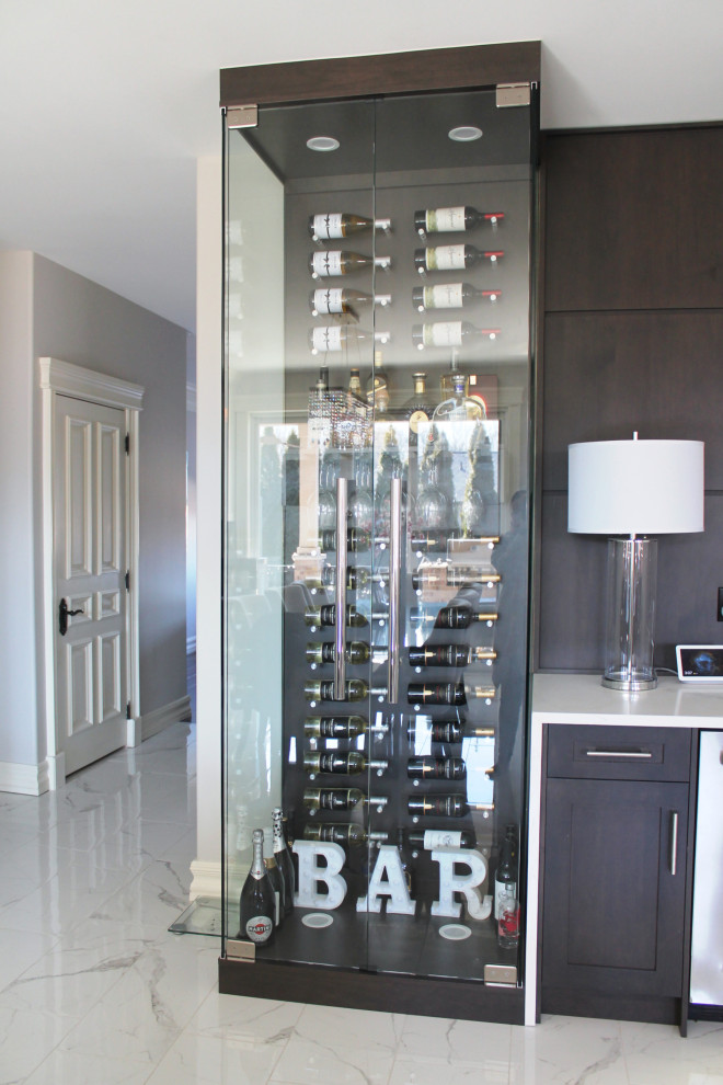 Inspiration for a large transitional u-shaped eat-in kitchen remodel with shaker cabinets, white cabinets, quartz countertops, gray backsplash, stainless steel appliances, an island and gray countertops