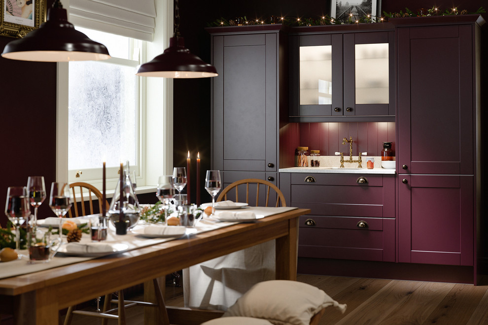 Design ideas for a mid-sized traditional single-wall open plan kitchen in Other with an integrated sink, beaded inset cabinets, purple cabinets, granite benchtops, white splashback, marble splashback, stainless steel appliances, dark hardwood floors, no island and brown floor.