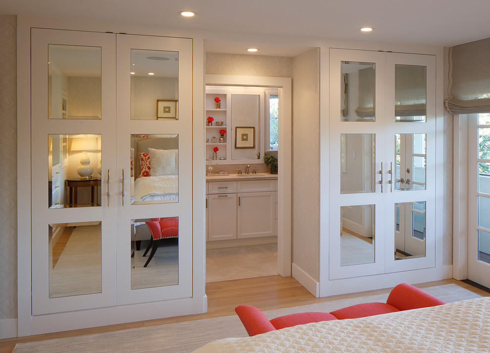 Example of a small transitional master light wood floor and brown floor bedroom design in San Francisco with gray walls and no fireplace