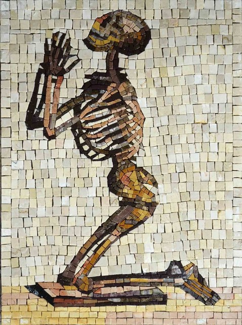 Skeleton Praying Marble Mosaic, 15"x20"
